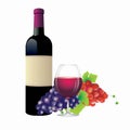 Bottle of wine, glass of wine, grape fruit