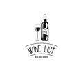 Bottle of wine with a glass wine. Wine list emblem. Vector illustration. Royalty Free Stock Photo