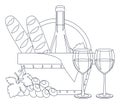 Bottle of wine, wine in glasses, baguettes, grapes and a picnic basket. Lineart, outline only. Royalty Free Stock Photo