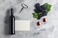 Bottle of wine glasses grape corkscrew empty card mockup Royalty Free Stock Photo