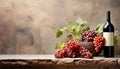 bottle of wine, grapes and glass with red wine on a wooden table. Wine tasting. Wine card, rastaurant menu Royalty Free Stock Photo