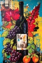 Bottle of wine with grapes. Oil painting in vintage style. Vertical food art, poster in art-brut style Royalty Free Stock Photo