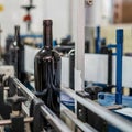 Bottle of wine without label on conveyor line in modern equipped manufacture factory.