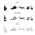 A bottle of wine, a piece of pizza, a gundola, a scooter. Italy set collection icons in black,monochrome,outline style Royalty Free Stock Photo