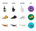 A bottle of wine, a piece of pizza, a gundola, a scooter. Italy set collection icons in cartoon,black,outline,flat style Royalty Free Stock Photo