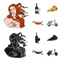 A bottle of wine, a piece of pizza, a gundola, a scooter. Italy set collection icons in cartoon,black style vector