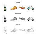 A bottle of wine, a piece of pizza, a gundola, a scooter. Italy set collection icons in cartoon,outline,monochrome style Royalty Free Stock Photo
