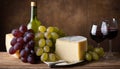 A bottle of wine and a plate of cheese and grapes