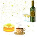 a bottle of wine, two glasses of wine, a cake and a cup of coffee