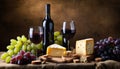 A bottle of wine and two glasses of wine with cheese and grapes