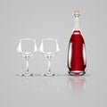 Bottle of wine and two empty glasses. Realistic vector illustration Royalty Free Stock Photo