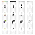 A bottle of wine, a vessel with alcohol, a branch of grapes, a glass of wine. Winemaking set collection icons in cartoon