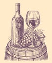 Bottle of wine with wine glass and grapes. Winery sketch. Vector illustration vintage engraving style Royalty Free Stock Photo