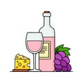 Bottle of wine, wineglass, cheese and grape bunch. Rose wine with appetizer. Wine concept. Vector illustration Royalty Free Stock Photo