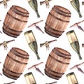 A bottle of wine, wooden barrel, tap and corkscrew seamless pattern Watercolour painted illustration Royalty Free Stock Photo