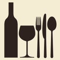 Bottle, wineglass and cutlery