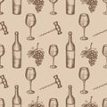 Bottle, wineglass, grapes, corkscrew, seamless pattern on beige background