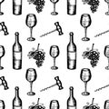 Bottle, wineglass, grapes, corkscrew, seamless pattern