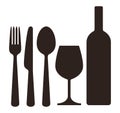 Bottle, wineglass, knife, fork and spoon