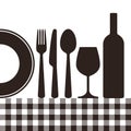 Bottle, wineglass, plate, knife, fork, spoon and tablecloth pattern Royalty Free Stock Photo