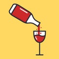 Bottle and wineglass with red wine. Pour into a glass. Alcohol drink. Cartoon alcohol icon. Vector flat illustration Royalty Free Stock Photo