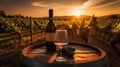 Bottle And WineGlasses On Barrel In Vineyard At Sunset, generative ai Royalty Free Stock Photo