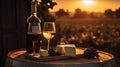 Bottle And WineGlasses On Barrel In Vineyard At Sunset, generative ai Royalty Free Stock Photo