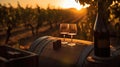 Bottle And WineGlasses On Barrel In Vineyard At Sunset, generative ai Royalty Free Stock Photo