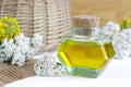 Bottle of yarrow oil (extract, tincture, infusion) and wooden hair comb for natural hair care