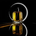 A bottle of yellow perfume is placed on the circular mirror. Royalty Free Stock Photo