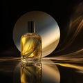 A bottle of yellow perfume is placed on the circular mirror. Royalty Free Stock Photo