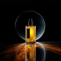 A bottle of yellow perfume is placed on the circular mirror. Royalty Free Stock Photo