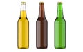 Bottled beer yellow, green and browncolors or beverage or carbonated drinks. Studio 3D render, isolated on white