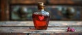 Bottled Heart Essence on Wood - Symbol of Health & Affection. Concept Heart Essence, Health Symbol,