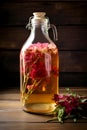 Bottled kombucha vertical image. Glass bottles with filtered kombucha drink made of yeast, sugar and tea with addition of edible