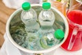 Bottled water in an ice bucket