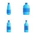 Bottled water icons set cartoon vector. Pure drinking water in plastic container