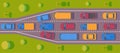 Bottleneck traffic jam. Road dence traffic on motorway or highway. Different car on road. Top view vector.