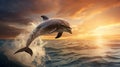 Bottlenose dolphin jumps out of the water in the middle of the ocean at sunset. A beautiful intelligent sea dweller is a Royalty Free Stock Photo