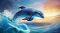 Bottlenose dolphin jumps out of the water in the middle of the ocean at sunset. A beautiful intelligent sea dweller is a Royalty Free Stock Photo