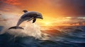 Bottlenose dolphin jumps out of the water in the middle of the ocean at sunset. A beautiful intelligent sea dweller is a Royalty Free Stock Photo