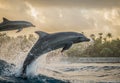 Bottlenose dolphins playing in the waves during the sunset Royalty Free Stock Photo