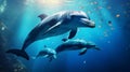 Bottlenose dolphins swim underwater among colorful beautiful exotic fish and coral reef. The dolphin family are adorable