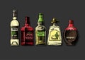 Bottles of alcohol. Distilled beverage