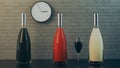 Bottles for alcohol drinks. Red, dark green and lemon cream color. Old brick wall and clock background.