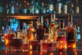 Bottles of alcoholic beverages on the bar counter Royalty Free Stock Photo