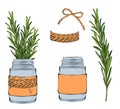 Bottles for aroma oil with rosemary branches, isolated. Hand drawn sketch style illustration.