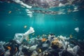 Bottles, bags and other plastic debris on ocean bottom. Plastic pollution in the sea