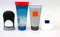 Bottles of beauty body care bathroom toiletries for men. Royalty Free Stock Photo