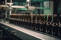 bottles of beer on conveyor belt in brewery factory. beverage industry, Beer bottles on a brewery conveyor production line, AI Royalty Free Stock Photo